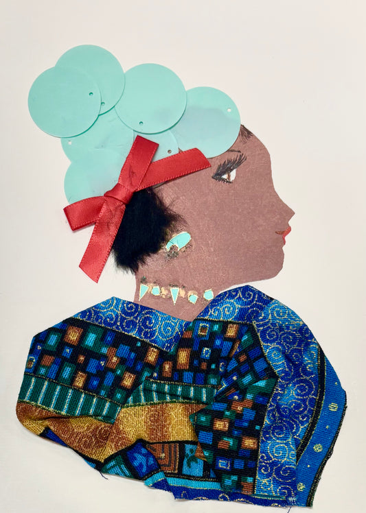 A woman has dark hair with a teal blue hat with a red bow. She wears a multicoloured blouse with greens, blues, and golds. Her jewellery is geometric and teal, with a matching necklace and earring. 