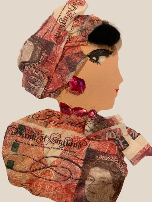 This is a handmade card of a woman named Sterling Williamson. She wears an outfit and headwrap made of fifty-pound note print, with pink gem jewellery on her neck and ear.