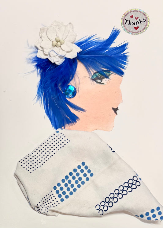 A woman has bright blue hair made of feathers and a white flower to accessorise. Her blouse is white with some blue accents. She wears a bright blue gem earring. A sticker says "thanks" in the top right corner. 