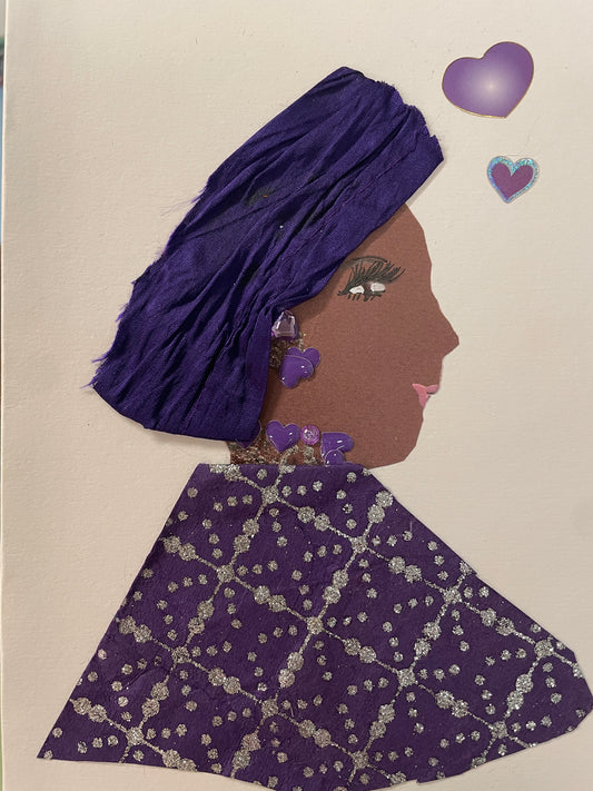 This is a handmade card of a woman named Venus Lavenderly. She wears a dark purple headwrap, a patterned purple dress with silver dots, and small purple heart embellishments.