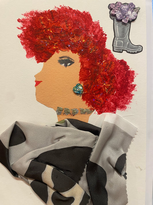 A handmade card of a woman named Whitney Wellington in profile with a red textured hairstyle, shiny heart-shaped earring, and grey-and-white spotted scarf. A sticker of a flower-filled wellington boot appears in the corner.