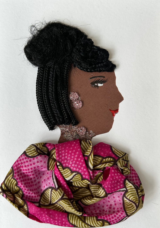 I designed this handmade card of a woman wearing a pink patterned blouse with walnut coloured accents. Her earrings and necklace match with the soft pink colour.