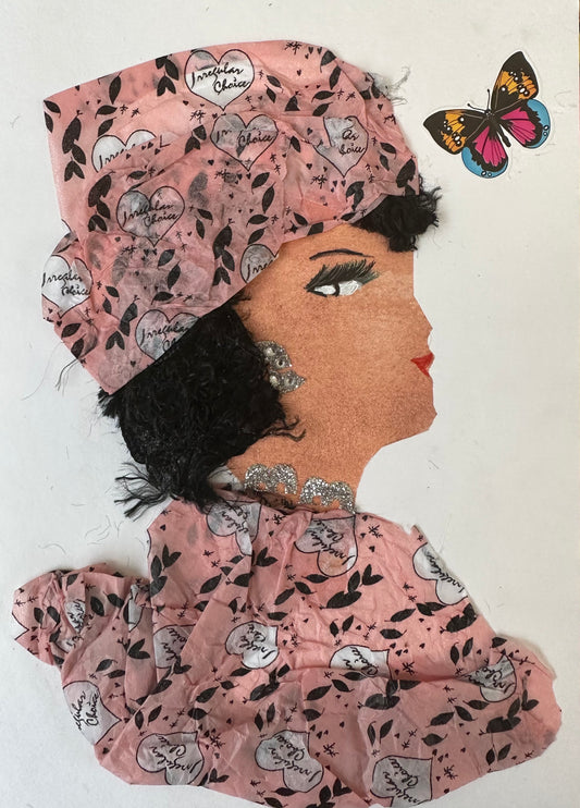 I designed this handmade card of a woman dressed in a pink blouse and hatinator. The outfit is patterned with white hearts and black leaves. She is wearing silver jewellery and has a colourful butterfly floating near to her. 