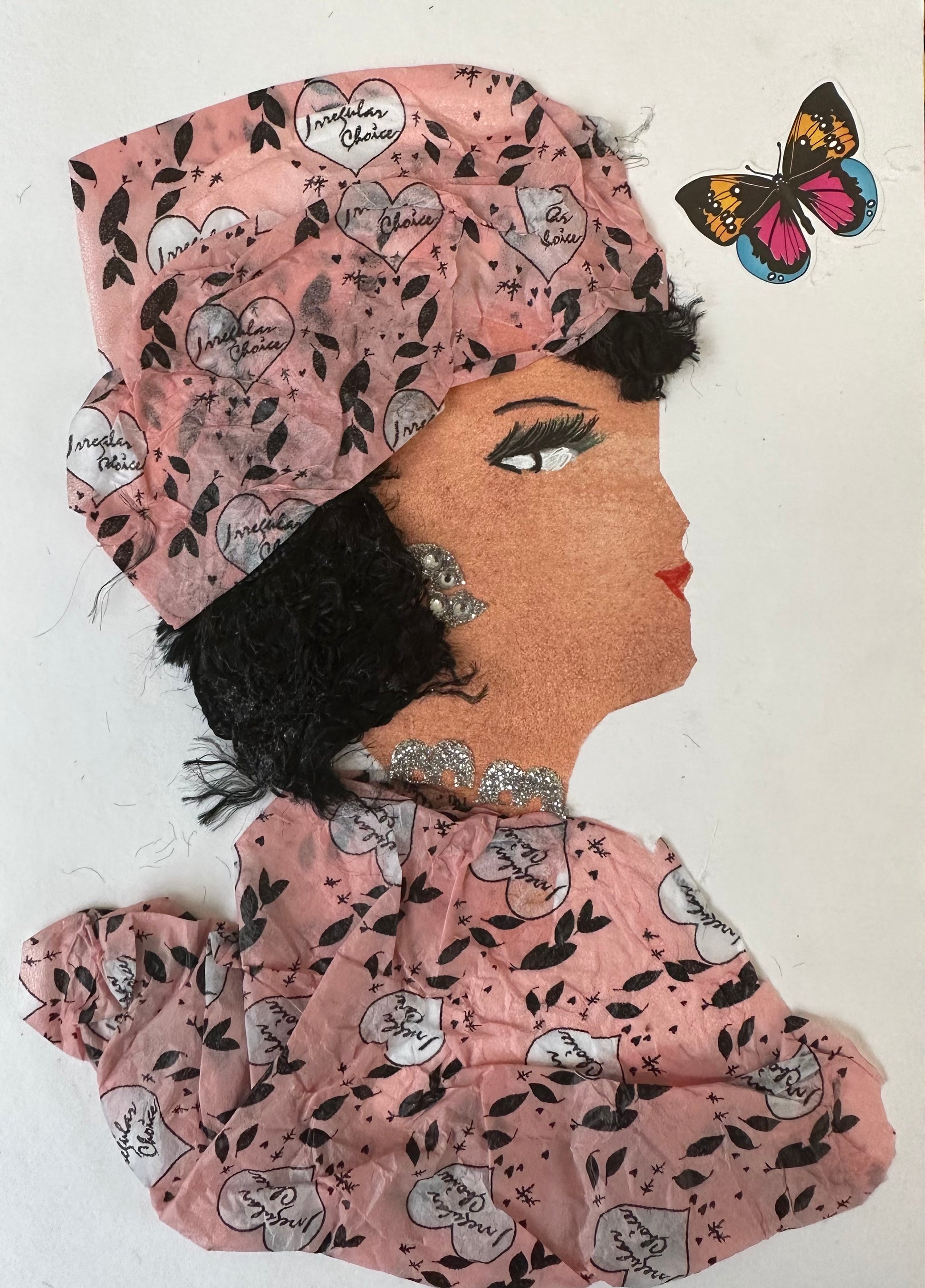 I designed this handmade card of a woman dressed in a pink blouse and hatinator. The outfit is patterned with white hearts and black leaves. She is wearing silver jewellery and has a colourful butterfly floating near to her. 