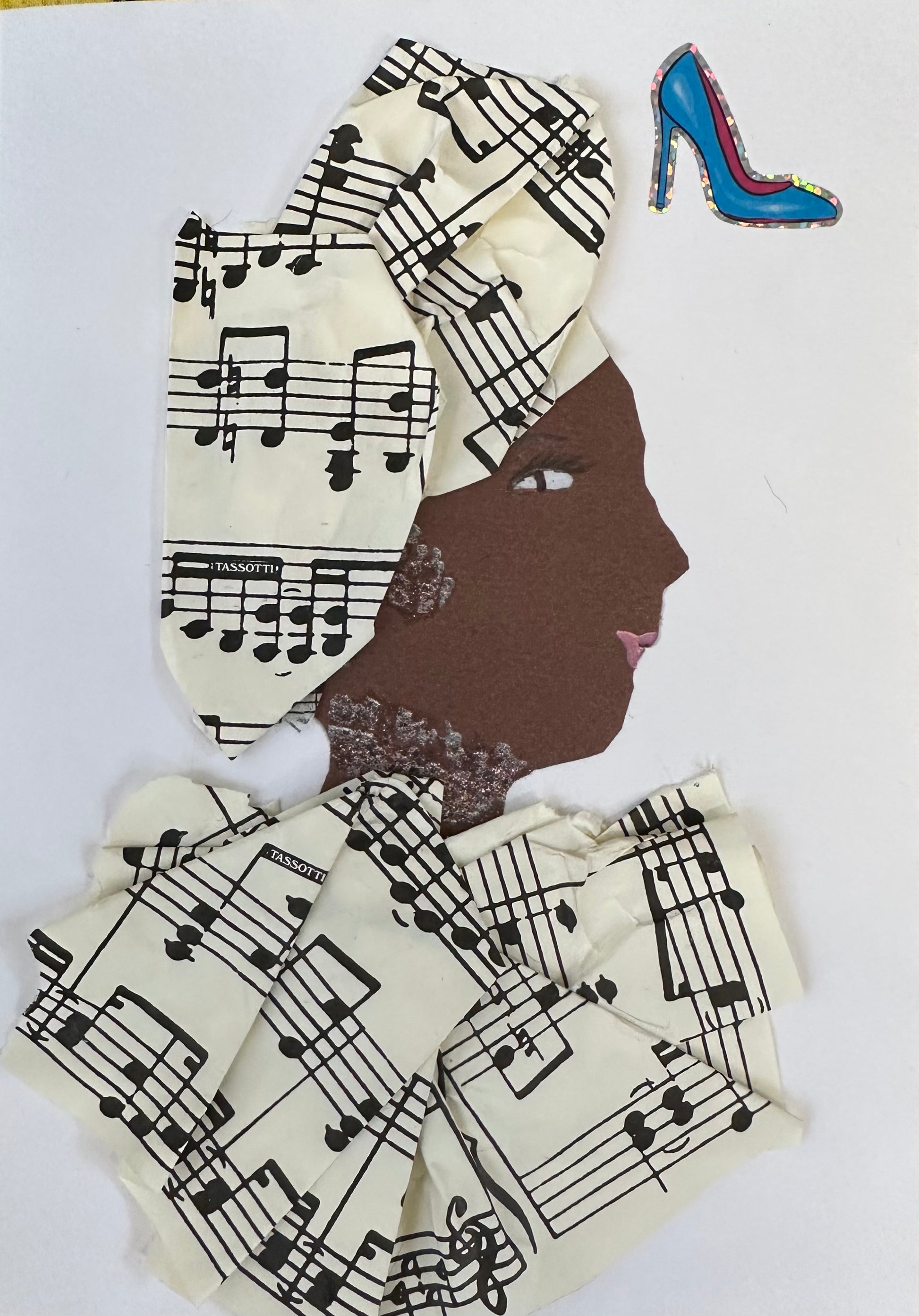 I designed this handmade card of a woman wearing a blouse and hatinator with the music notes. The cream colored paper and black music notes is complimented with jewllery and a teal heel in the corner.
