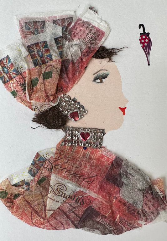 I designed this handmade card of a woman dressed in a 50 pound printed blouse. The red colour in the blouse and hatinator is complemented with silver and red heart gemstone jewellery. 