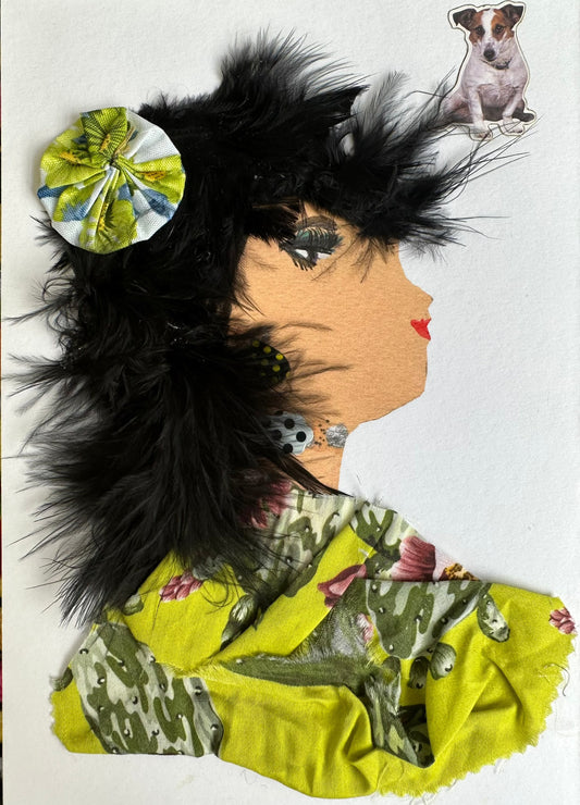 I created this handmade card of a woman with jet black hair wearing a bright, lime green blouse. The blouse has cactuses and small pink flowers. She has hair clip that matches the material of the blouse. Additionally, there is a dog in the upper left corner of the card. 