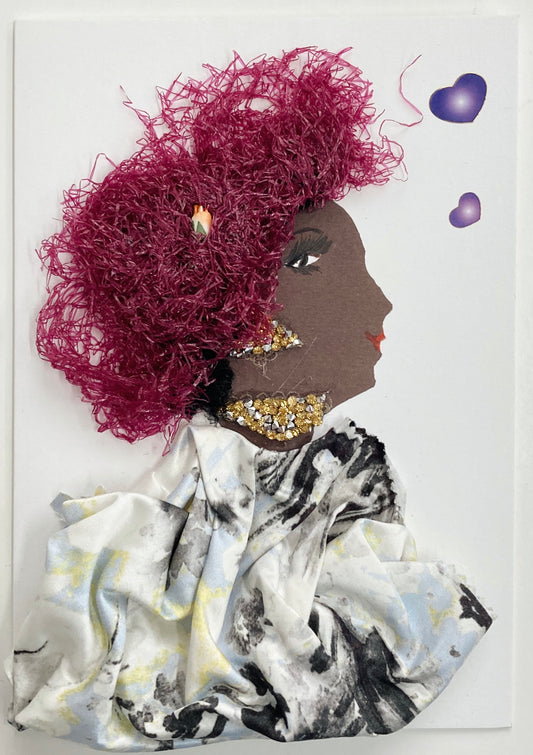 This card is called Fiona. She wears a black and white printed silk blouse, gold jewellery, and a purple textured headdress over her curly black hair. To her right, there are two purple hearts. 