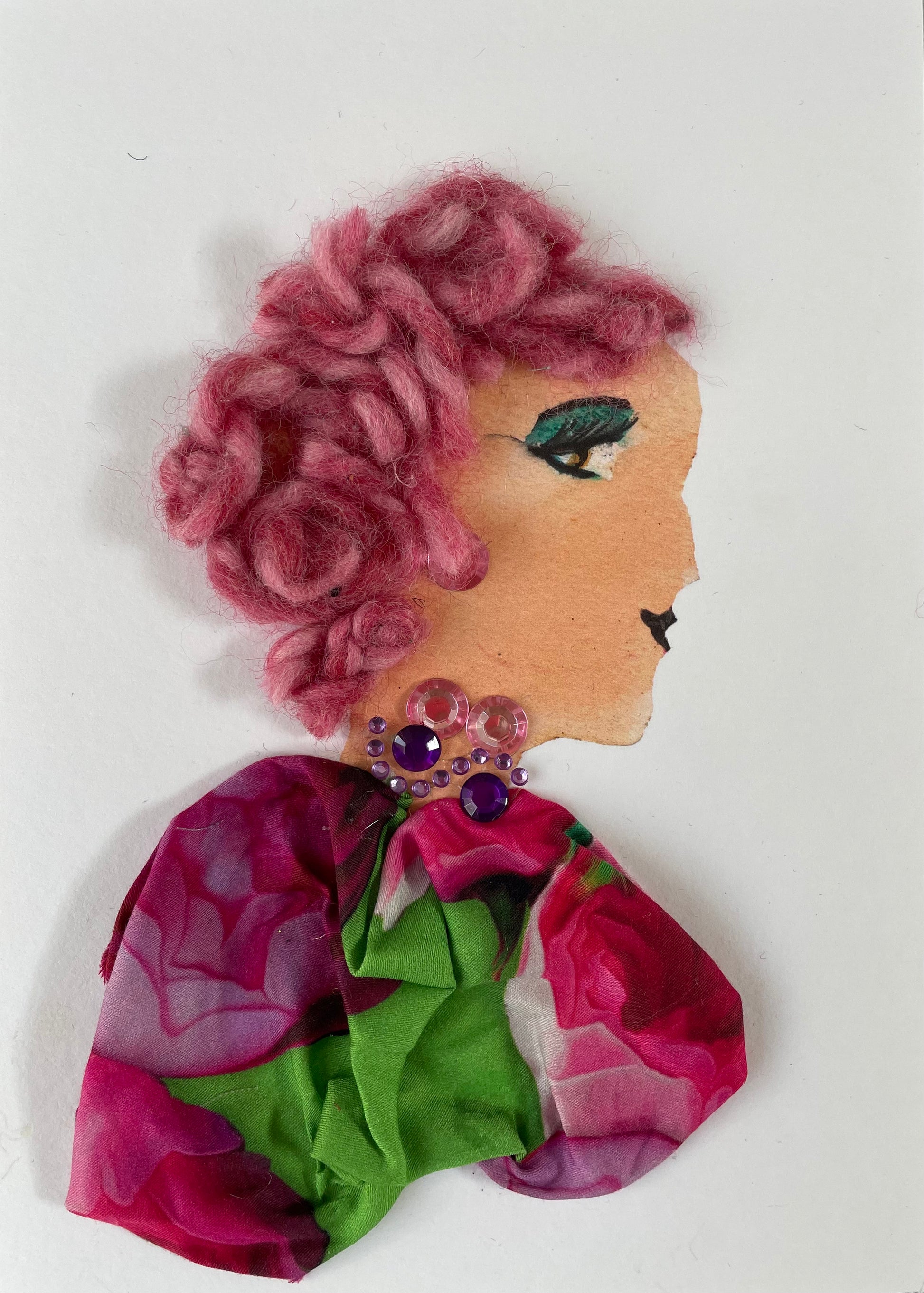 I designed this card of a woman named Plum Parks. She has a white skin tone and models a fuchsia and lime green silk blouse, accessorized with a necklace of pink and dark purple gems. Her dark pink curly hair further emphasizes her preference for the hue.
