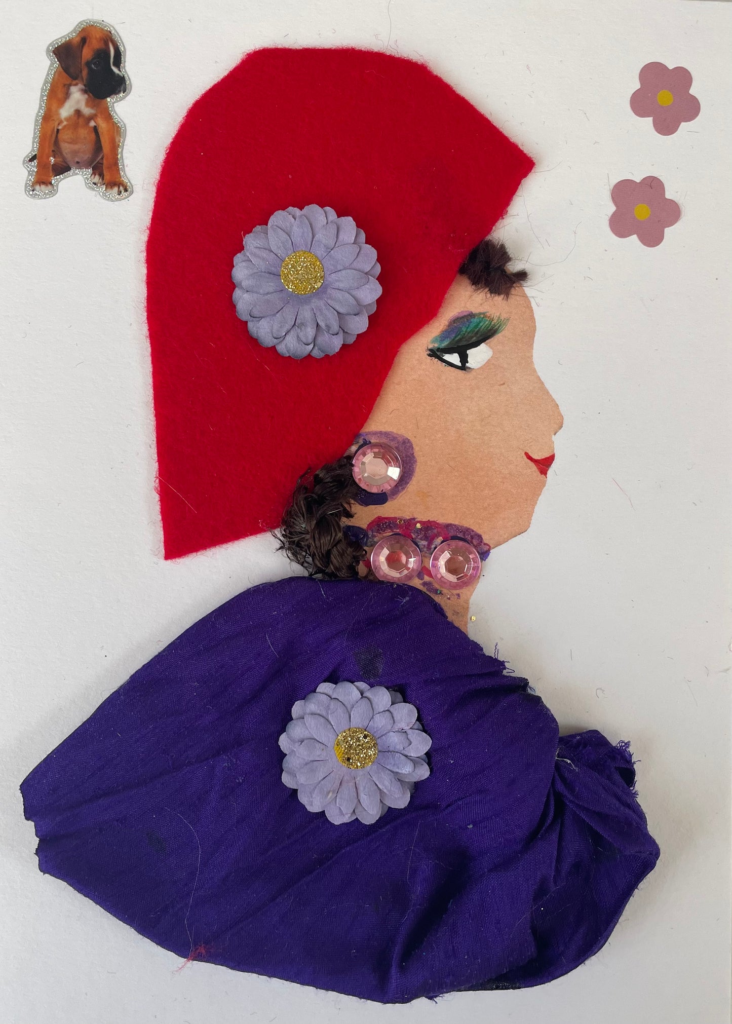 I designed this card of a woman who has a white skin tone and is wearing a red hat that has a purple flower in the center of it. She wears a dark purple blouse that has a light purple flower in the center of it. She wears pink gem jewellery. In one corner there is a dog and in the other there are two pink flowers.