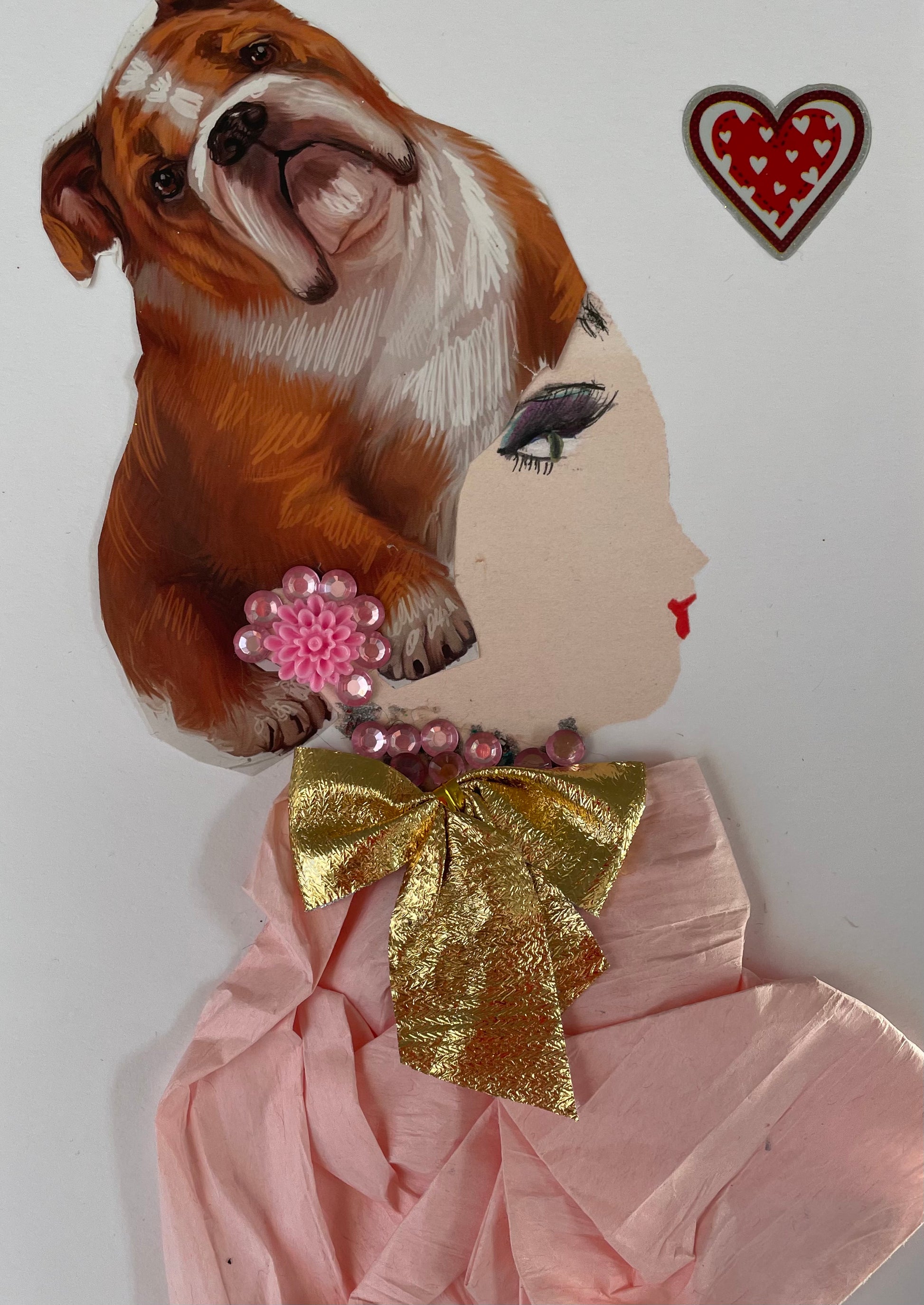Lady Whitney Whimsical is depicted wearing a light pink blouse with a gold bow, along with a hot pink gemstone necklace and pink earrings. Completing the ensemble, a dog is utilized as a headpiece, with a red heart appearing to the right.