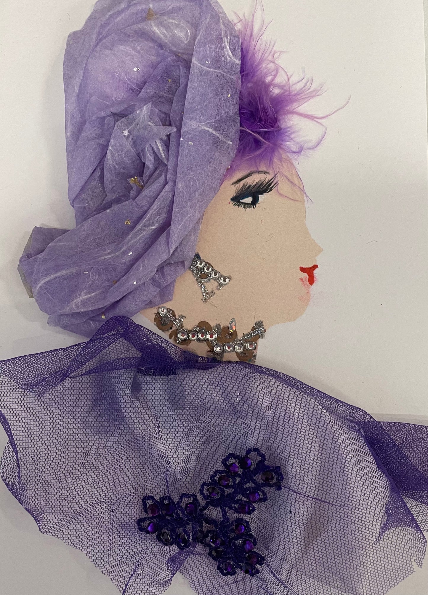 I designed this card of a woman named Hampstead Molly. She has a white skin tone and is wearing a a light purple blouse with a hint of dark purple. There is a dark purple detailing on it as well. She has a light purple headpiece with purple feathers coming out of it as her hair. She has matching silver diamanté earrings.