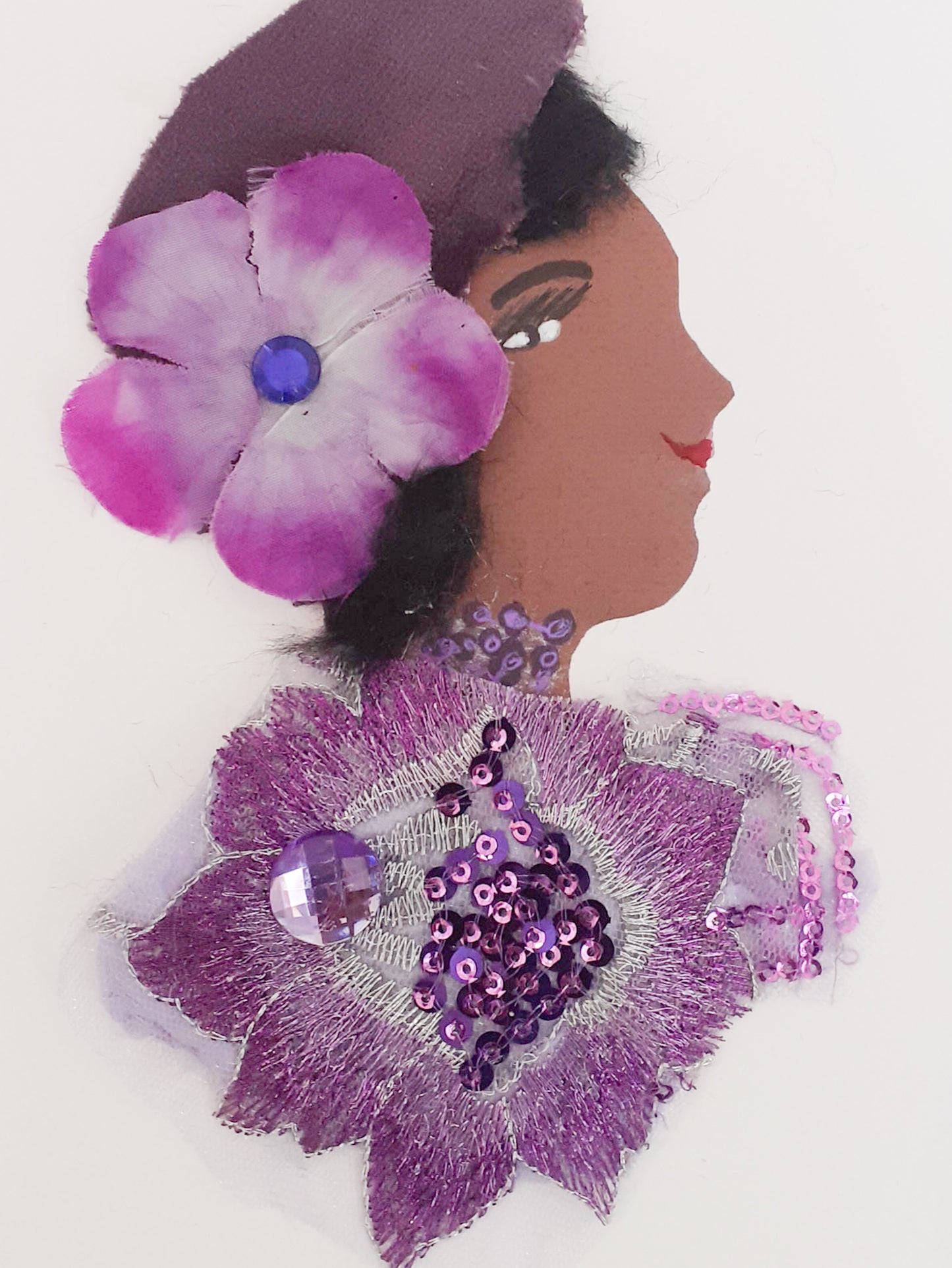 I designed this card of a woman named Rosado Upney. She has a brown skin tone and is wearing a purple dress with a flower on her hair and has a soft hat. She's complemented with a pair of gold-tinged earrings and a quilted pouch for the perfect finishing touch.