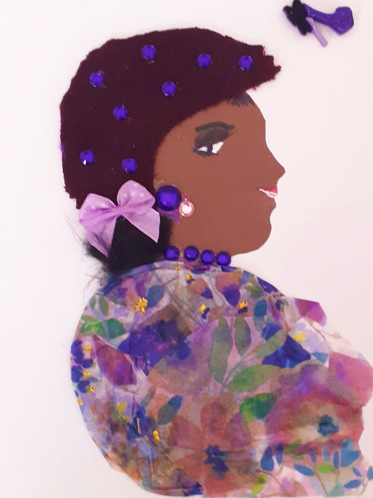 This card is called clementine. She wears a floral purple paper as a blouse, and a bow in her short brown hair. She wears purple gem jewellery, and there is a purple stiletto in the righthand corner.  