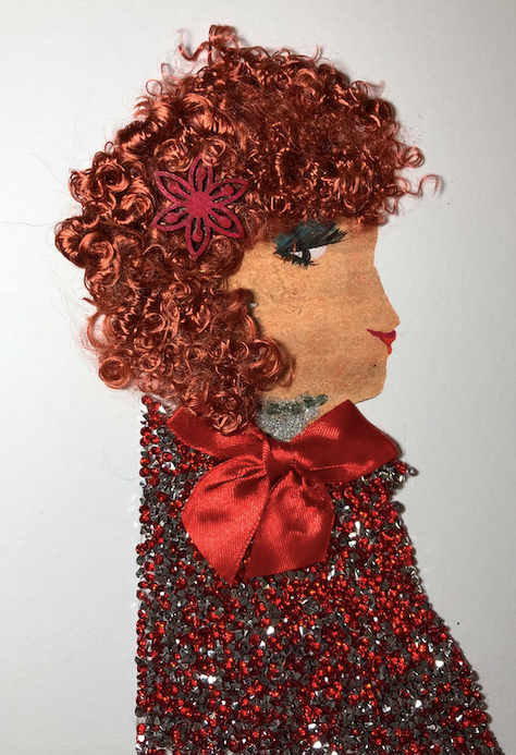 I designed this card of a woman who is named Glittery Danielle. She has a white skin tone and has a red flower in her hair. She has ginger curly hair. She wears a blouse that is glittery red and silver with a red bow around the neck. She wears a sparkly silver necklace.