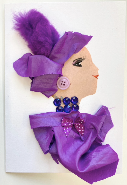This card is called Purple Pineapple. She wears a matching purple silk headdress and blouse, and has a small polka dotted bow on. She wears a dark purple gem necklace, and a light purple button earring. 