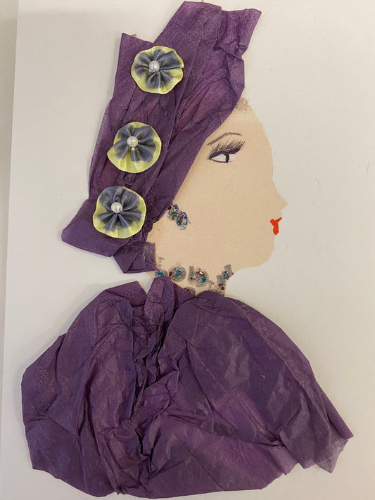 i have  designed this handmade card called Mish shows s woman who wears a gorgeous purple hatinator with three floral buttons. She wears a lovely purple blouse to match her hatinator. She wears beautiful silver jewellery. 