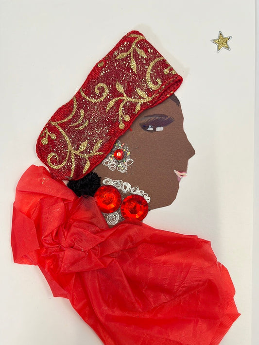 I designed this card of a woman named Abby Valentine. She has a brown skin tone and wears a red blouse and a red hat that has gold accents. In the righthand corner, there is a gold star.