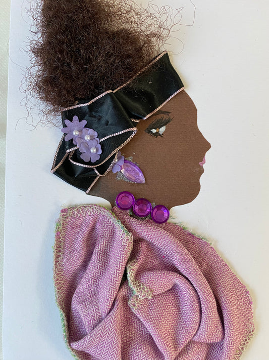 I designed this card of a woman who is wearing an elegant dark blue headband with three purple flowers. She wears an angelic purple blouse with ravishing purple jewellery.