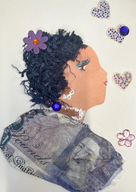 This card has been named Brenda Briarly. She wears a money printed fabric and a purple flower in her bluish-black hair. To the right of her, she has several hearts and a small purple flower gem. 