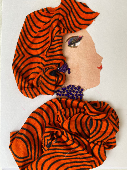 I designed this card of a woman named Doctor Lorna Mason. She has a white skin tone and is wearing an exquisite striped headwrap. She wears a matching stripe blouse with lovely purple jewellery. 