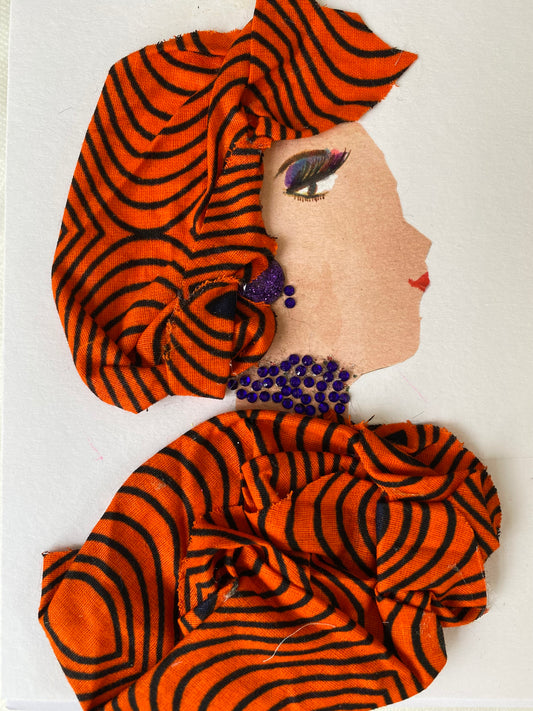 I designed this card of a woman named Doctor Lorna Mason. She has a white skin tone and is wearing an exquisite striped headwrap. She wears a matching stripe blouse with lovely purple jewellery.
