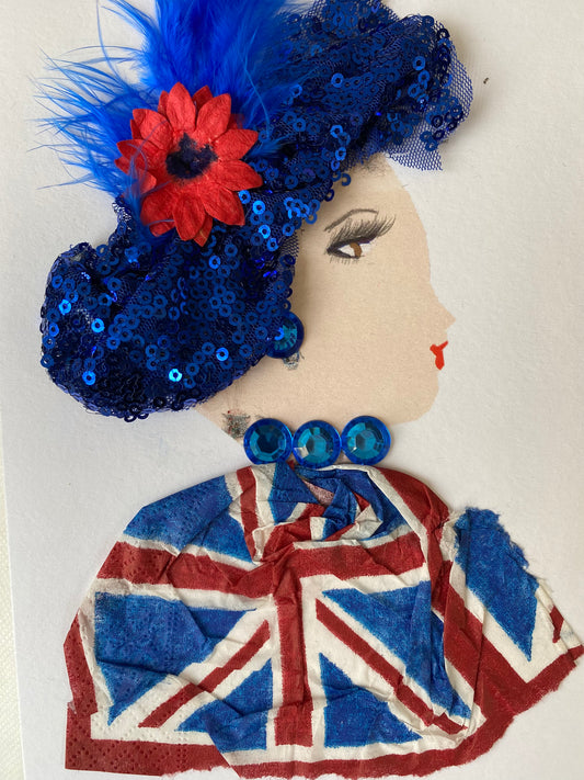I designed this card of a woman named Brenda Bloom. She has a white skin tone and is wearing a blue sequence hat with a red flower. She wears a London flag print blouse with shiny blue jewellery.
