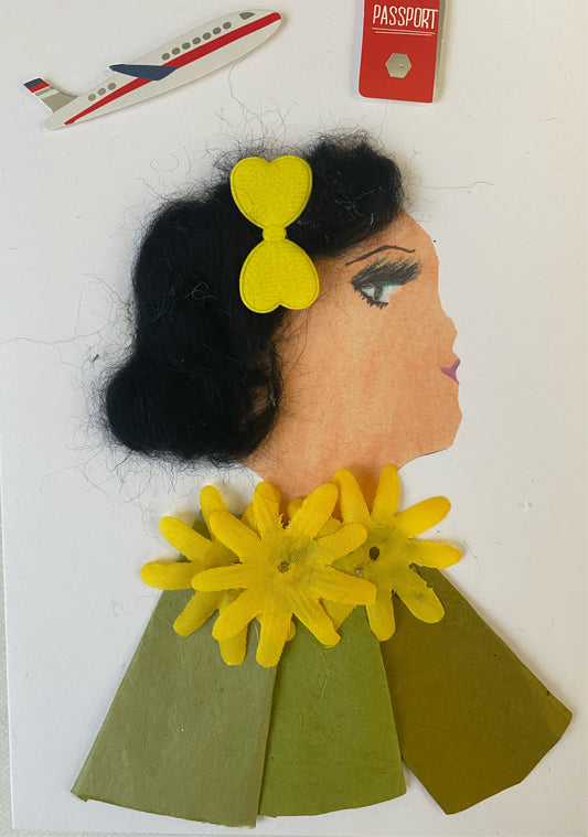I designed this card of a woman named Doctor Paddington. She has a white skin tone and wears a classy electric yellow bow in her hair. She wears a green blouse with yellow flowers to match her bow. On the top of the card there is a plane and a passport.