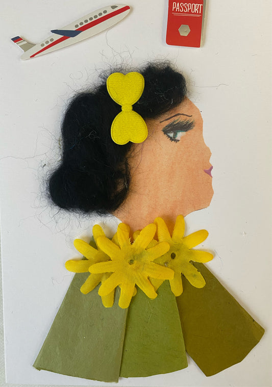 I designed this card of a woman named Doctor Paddington. She has a white skin tone and wears a classy electric yellow bow in her hair. She wears a green blouse with yellow flowers to match her bow. On the top of the card there is a plane and a passport. 