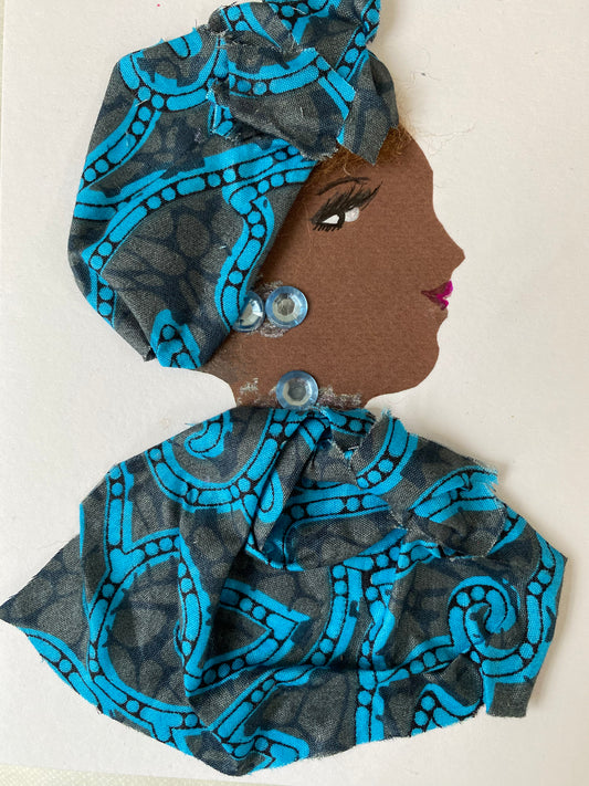 She is wearing a pastel multi-colored blouse with a flower accent, a pink earring, and ribbons in her light brown hair. She wears dark eye makeup with bright pink lipstick.