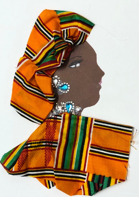Ajuwa wears a The card is of a woman wearing a Kente that is green, yellow, and orange. Her jewellery is white and blue crystal
