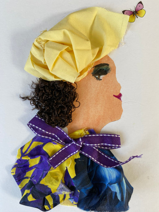 I designed this card of a woman named Gwen. She has a white skin tone and is wearing a radiant yellow hatinator. She wears a lovely pattern blouse with a purple bow in the middle. On the top there is a pink and yellow butterfly.
