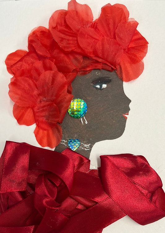 I designed this card of a woman who is named Victoria Farringdon. Victoria has a black skin tone and wears an overlapping red ribbon as a blouse, matching red flowers as her hair, and jewellery with gems resembling scales. 