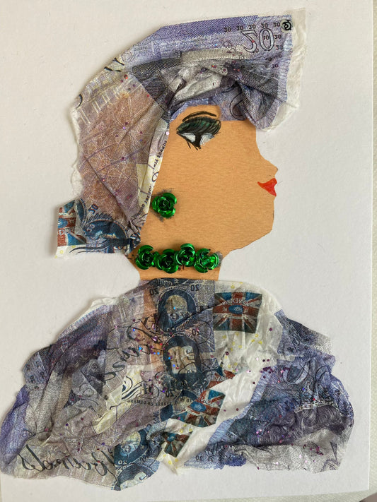I designed this card of a woman named Battersea Bridget. She has a white skin tone and wears a money print hatinator with a matching money print blouse. She wears green flowery jewellery. 