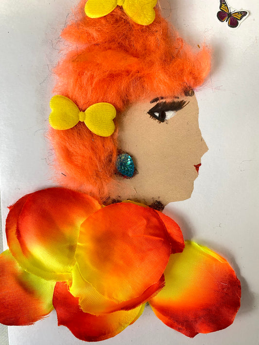 I designed this card of a woman named Thames Think. She has a white skin tone and wears two yellow bows in her hair. She wears an orange and yellow flower petal blouse. She wears blue earrings. In the corner there is a yellow and red butterfly. 
