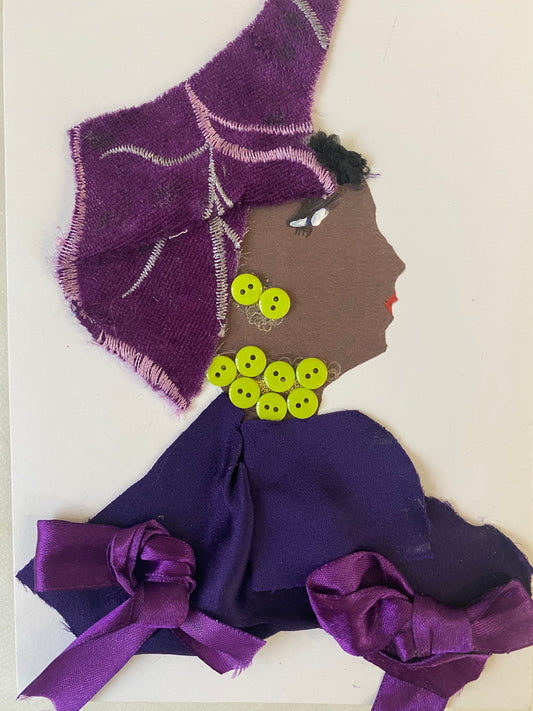 This is a card I have designed of a woman who wears a lovely purple hat. She wears a tasteful violet blouse with charming silk purple bows. As a pop of color, she wears electric green button jewellery.