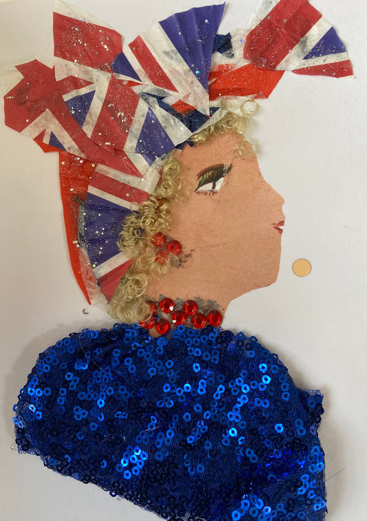 I designed this card of a woman named Isabella Blue. She has a white skin tone and is wearing a hatinator with the London flag print. She wears a stunning blue sequences blouse with shiny red jewellery.